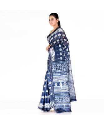indigo cotton silk chanderi saree with lilly print 2