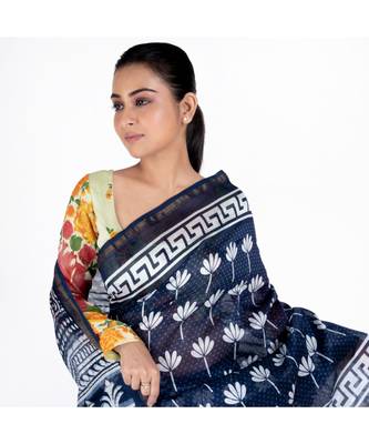 indigo cotton silk chanderi saree with lilly print 3