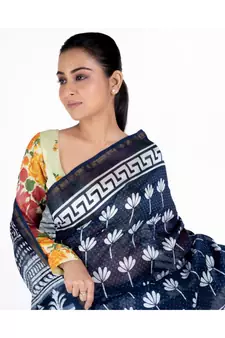 indigo cotton silk chanderi saree with lilly print