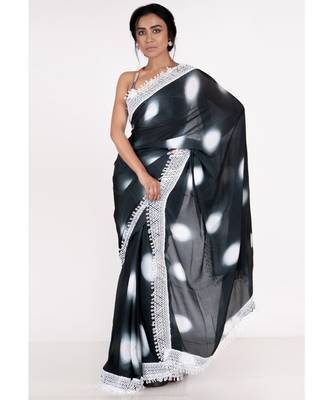 black chiffon tie and dye saree with crochet lace 1