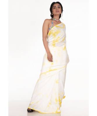 white and yellow tie and dye habutai silk blend saree with cotton lace border 1