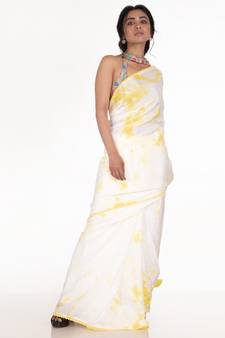 white and yellow tie and dye habutai silk saree with cotton lace border