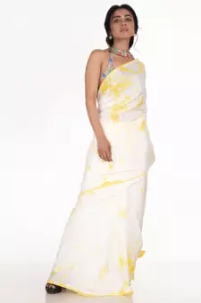 white and yellow tie and dye habutai silk saree with cotton lace border
