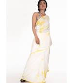 white and yellow tie and dye habutai silk saree with cotton lace border