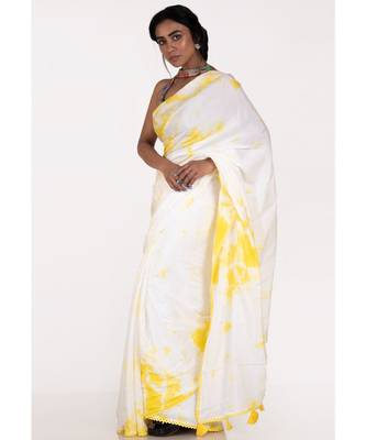 white and yellow tie and dye habutai silk blend saree with cotton lace border 2