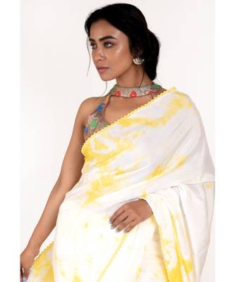 white and yellow tie and dye habutai silk blend saree with cotton lace border 3