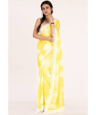 yellow chiffon tie and dye saree with crochet lace 1