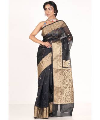 black kora organza banarasi silk saree with golden border and woven pallu 1