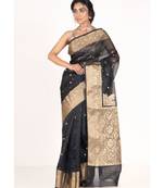 black kora organza banarasi silk saree with golden border and woven pallu