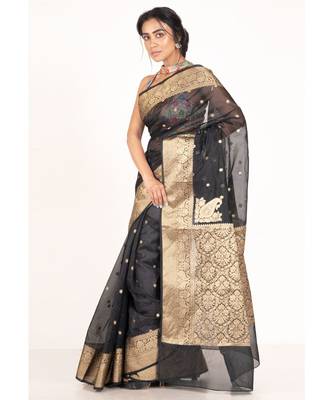 black kora organza banarasi silk saree with golden border and woven pallu 2