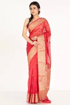 red kora organza banarasi silk saree with golden border and woven pallu