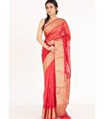 red kora organza banarasi silk saree with golden border and woven pallu