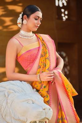 Yellow woven brasso saree with blouse 2