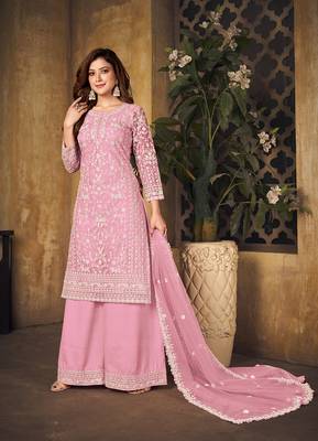 Light-pink embroidered net salwar kameez 2