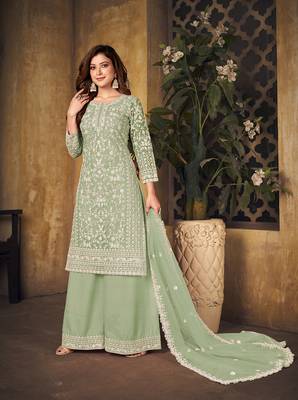 Sea-green embroidered net salwar kameez 2