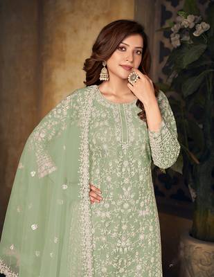 Sea-green embroidered net salwar kameez 3