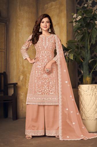 Peach embroidered net salwar kameez