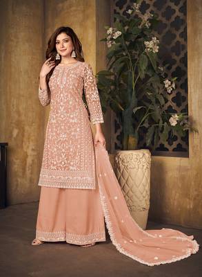 Peach embroidered net salwar kameez 2