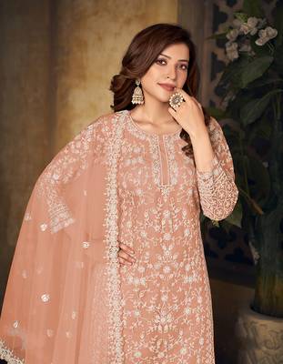 Peach embroidered net salwar kameez 3