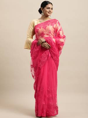 Red Embroidered Net Saree With Blouse 1