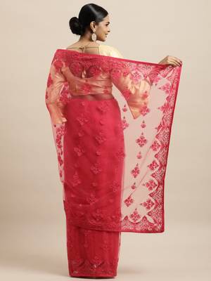 Red Embroidered Net Saree With Blouse 2