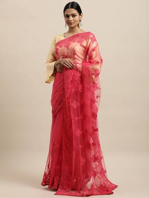 Red Embroidered Net Saree With Blouse 3