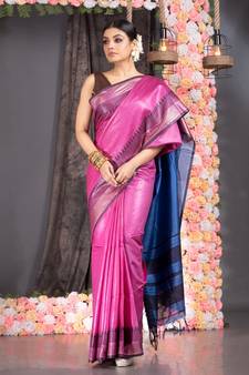 pink pure silk dupion saree with black and blue border pallu
