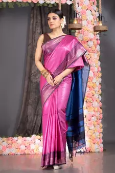 pink pure silk dupion saree with black and blue border pallu