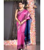 pink pure silk dupion saree with black and blue border pallu