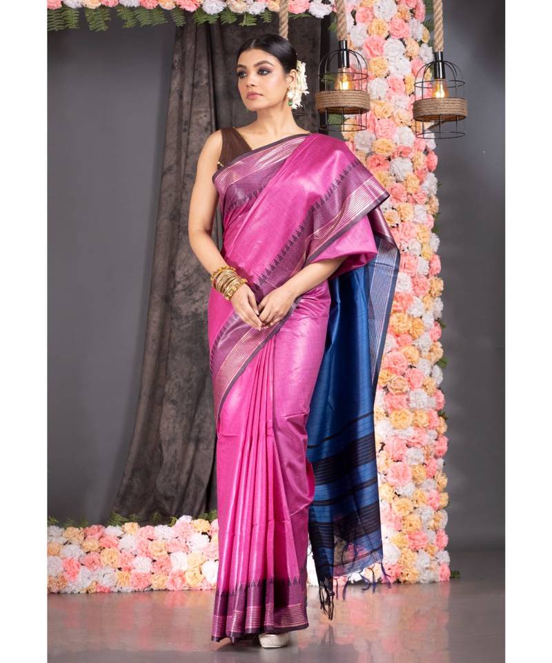 pink pure silk dupion saree with black and blue border pallu