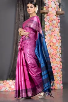 pink  silk dupion saree with black and blue border pallu