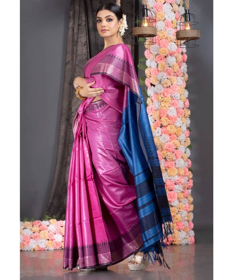 pink pure silk dupion saree with black and blue border pallu