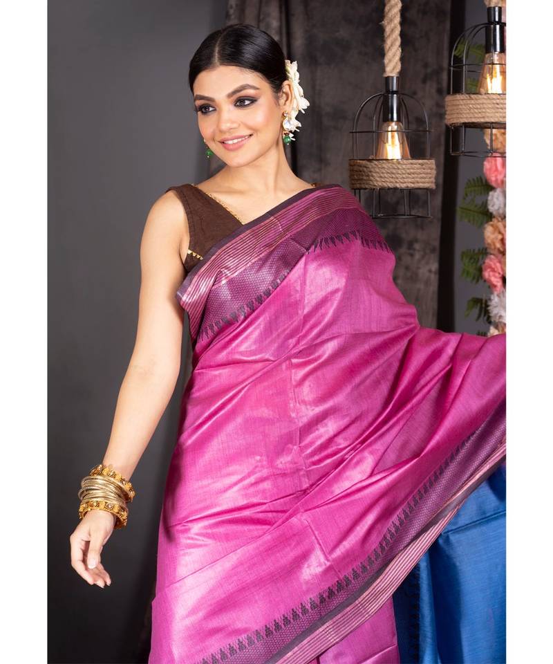 pink pure silk dupion saree with black and blue border pallu
