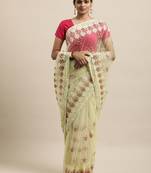 Off White Embroidered Net Saree With Blouse