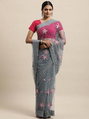 Grey Embroidered Net Saree With Blouse 1