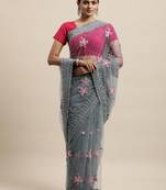 Grey Embroidered Net Saree With Blouse