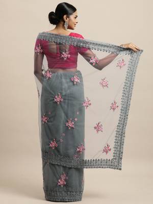Grey Embroidered Net Saree With Blouse 2