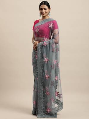 Grey Embroidered Net Saree With Blouse 3