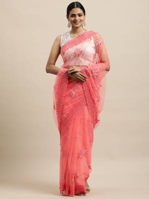 Peach Embroidered Net Saree With Blouse 1