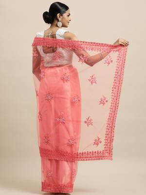 Peach Embroidered Net Saree With Blouse 2