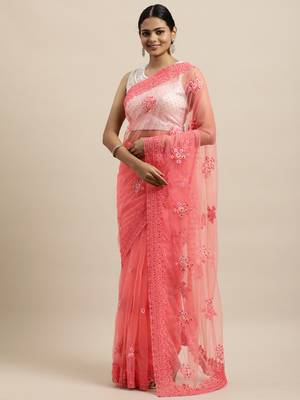 Peach Embroidered Net Saree With Blouse 3