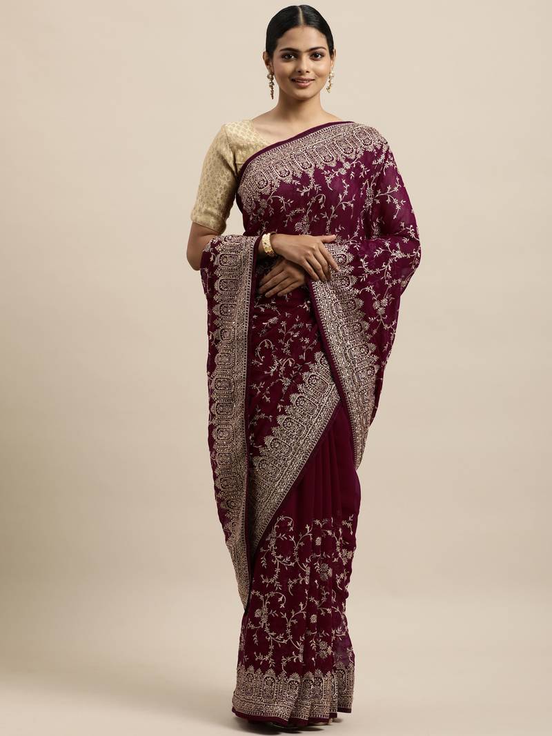 Red embroidered georgette saree with blouse