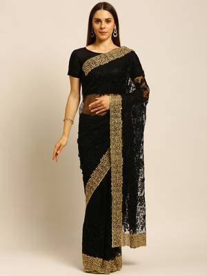 Black Embroidered Net Saree With Blouse 1