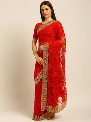 Red Embroidered Net Saree With Blouse 1