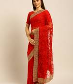 Red Embroidered Net Saree With Blouse