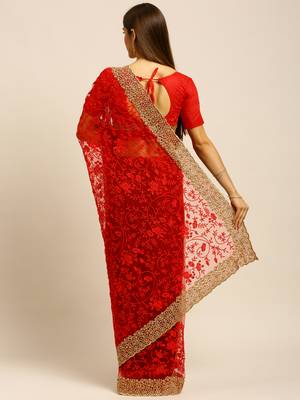 Red Embroidered Net Saree With Blouse 2