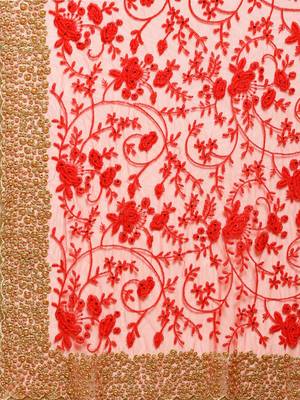 Red Embroidered Net Saree With Blouse 3