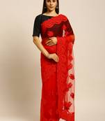 Red Embroidered Net Saree With Blouse