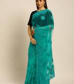 Sky Blue Embroidered Net Saree With Blouse