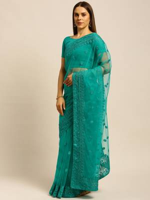 Blue embroidered net saree with blouse 1